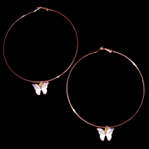 Huge Rose Gold Pink Butterfly Charm Hoops Big XL Oversized Hoop Earrings KATTA - Picture 9 of 9